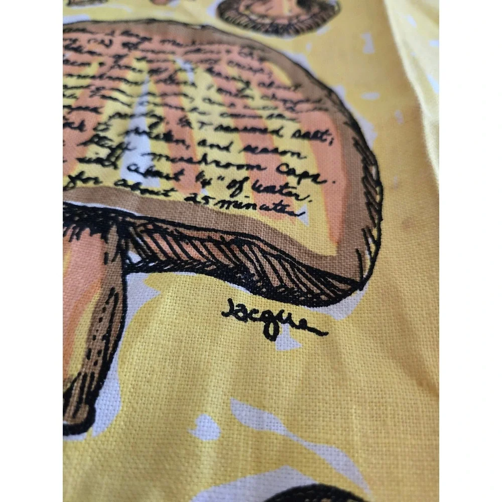 Jacque 15x28 Tea Towel Yellow Mushroom Magic Recipe Vintage 70s Retro Forager
